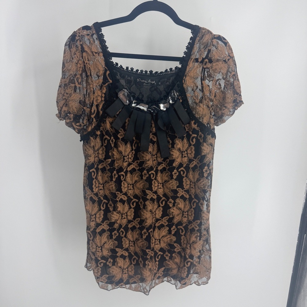 Pretty Angel Black Bronze Floral Lace Blouse Sequin Ribbon Accent‎ M Whimsigoth